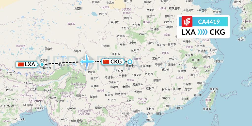 CA4419 Air China Flight Map: Lhasa to Chongqing