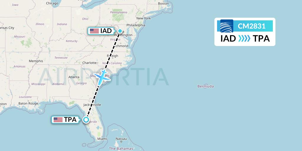 CM2831 Copa Airlines Flight Map: Washington to Tampa