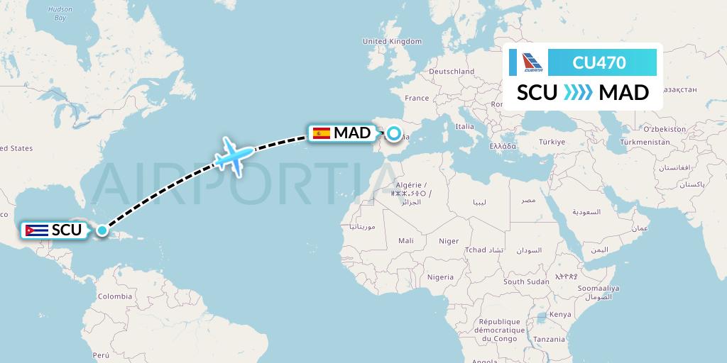 CU470 Cubana Flight Map: Santiago de Cuba to Madrid