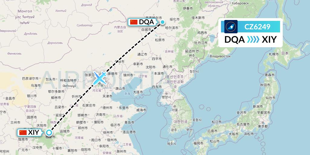 CZ6249 China Southern Airlines Flight Map: Daqing to Xi'an