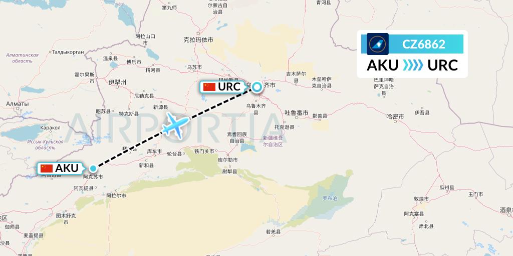 CZ6862 China Southern Airlines Flight Map: Aksu to Urumqi