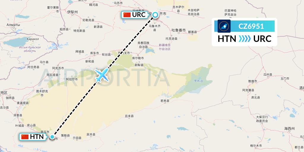 CZ6951 China Southern Airlines Flight Map: Hotan to Urumqi