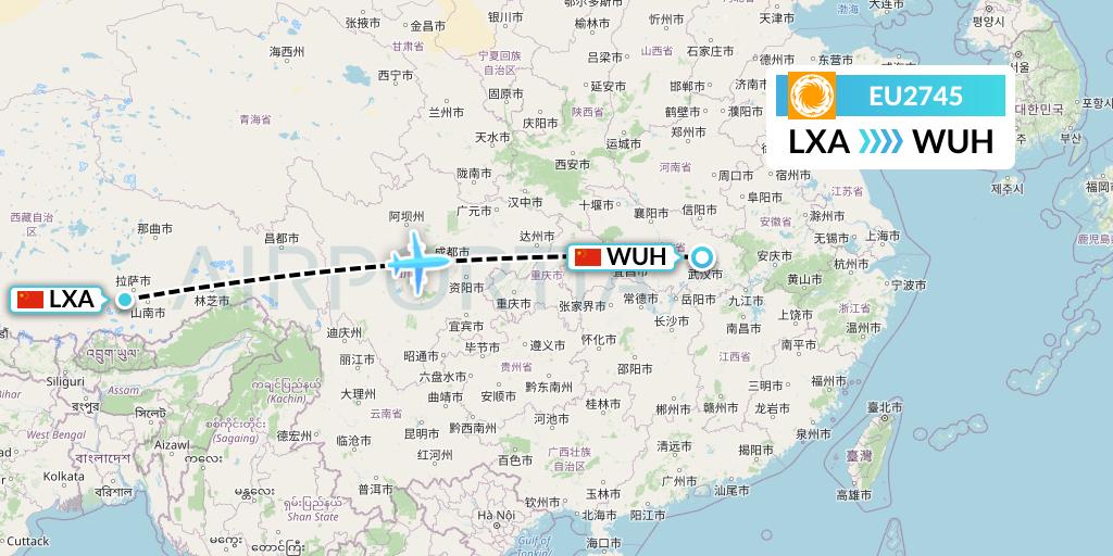 EU2745 Chengdu Airlines Flight Map: Lhasa to Wuhan