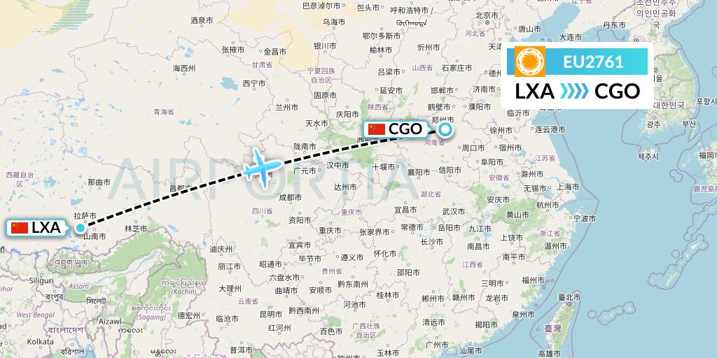 EU2761 Chengdu Airlines Flight Map: Lhasa to Zhengzhou