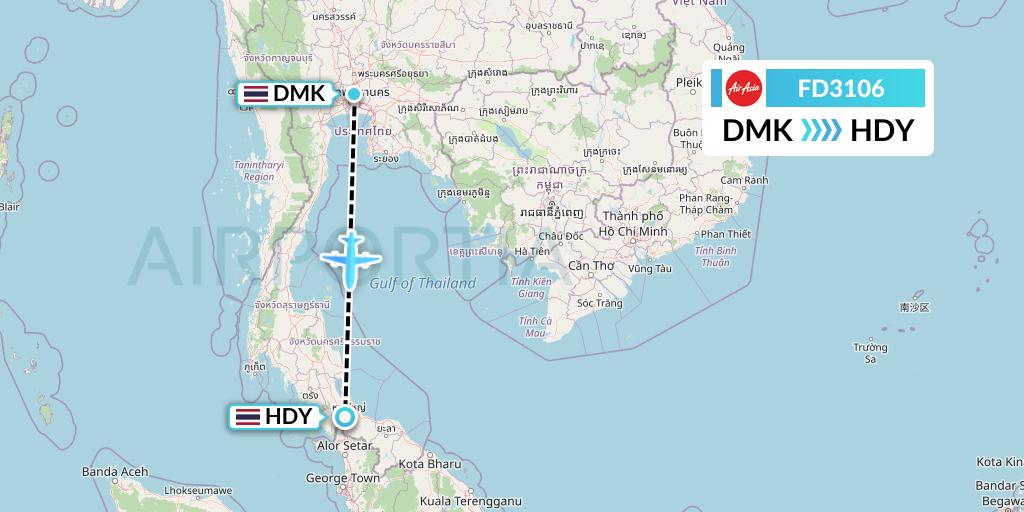 FD3106 Thai AirAsia Flight Map: Bangkok to Hat Yai