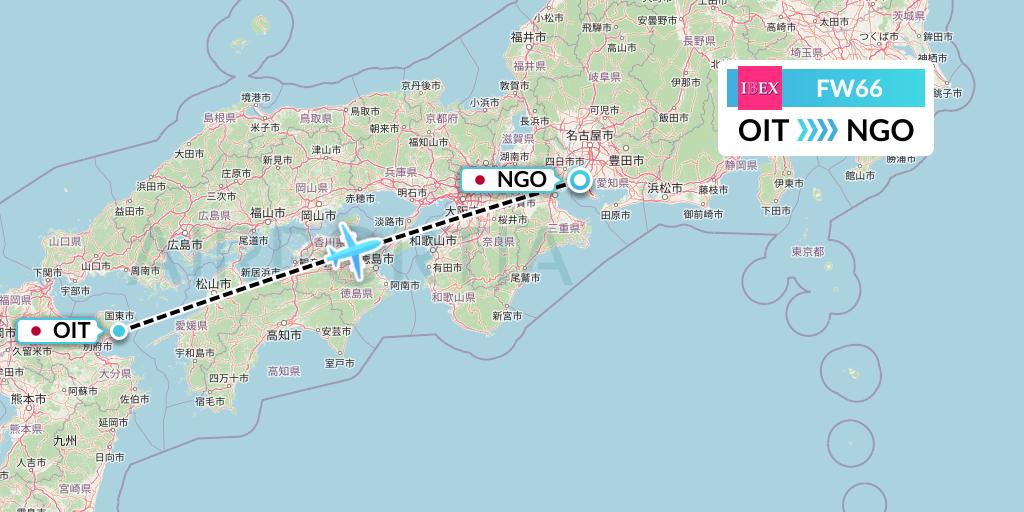 FW66 Ibex Airlines Flight Map: Oita to Nagoya