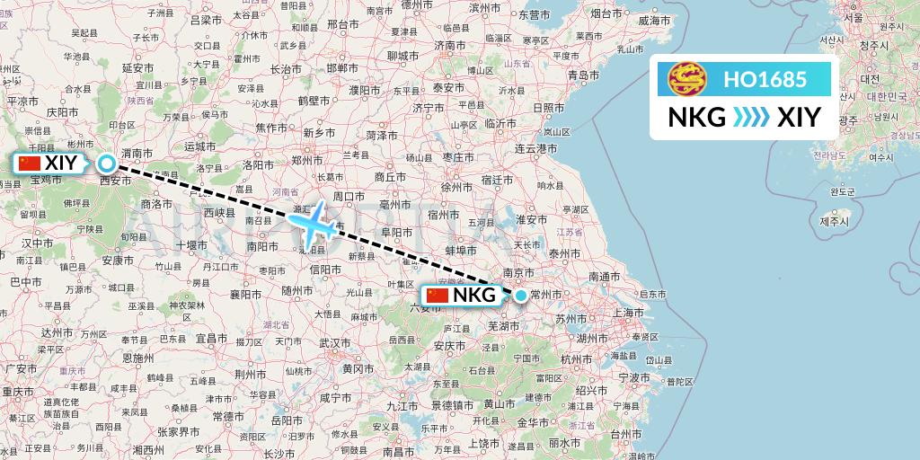 HO1685 Juneyao Airlines Flight Map: Nanjing to Xi'an
