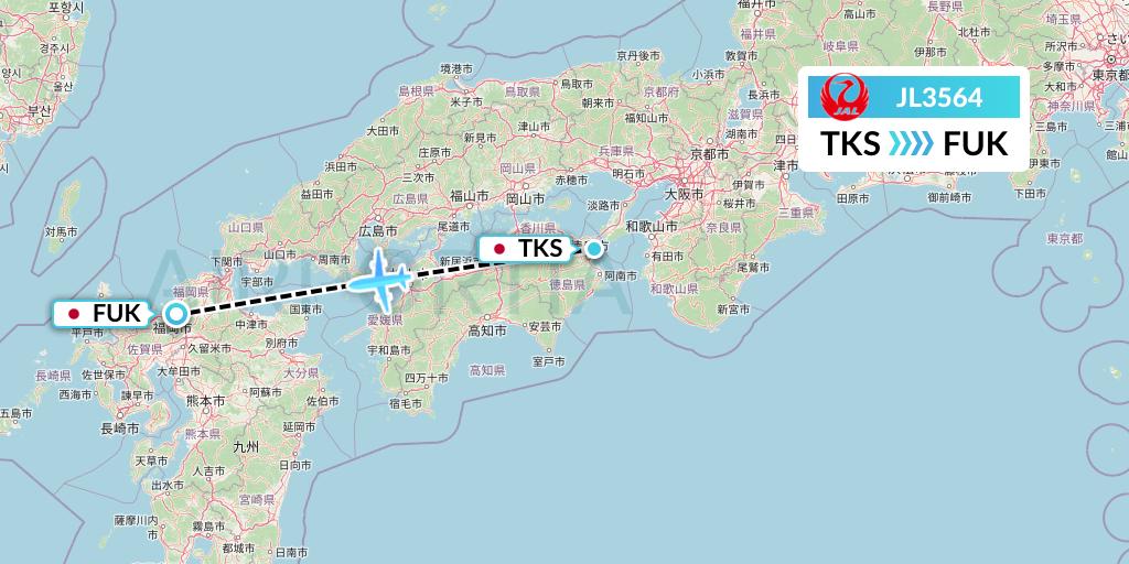 JL3564 Japan Airlines Flight Map: Tokushima to Fukuoka