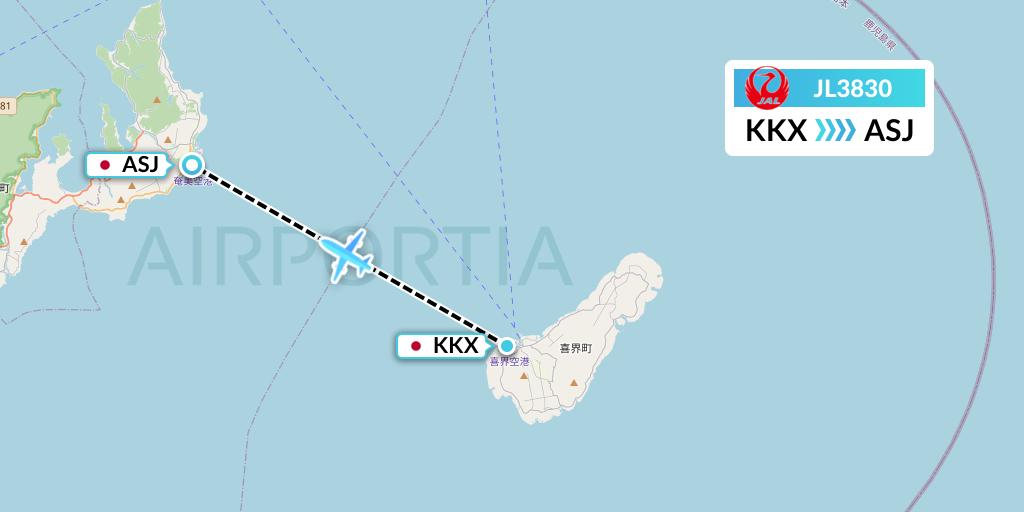 JL3830 Japan Airlines Flight Map: Japan to Amami