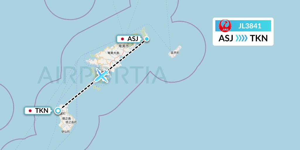 JL3841 Japan Airlines Flight Map: Amami to Tokunoshima