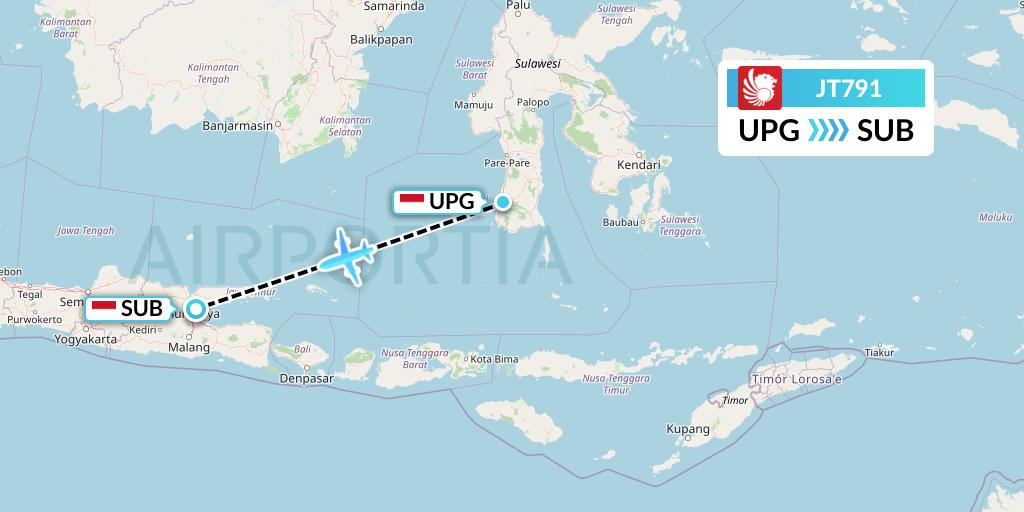 JT791 Lion Airlines Flight Map: Makassar to Surabaya