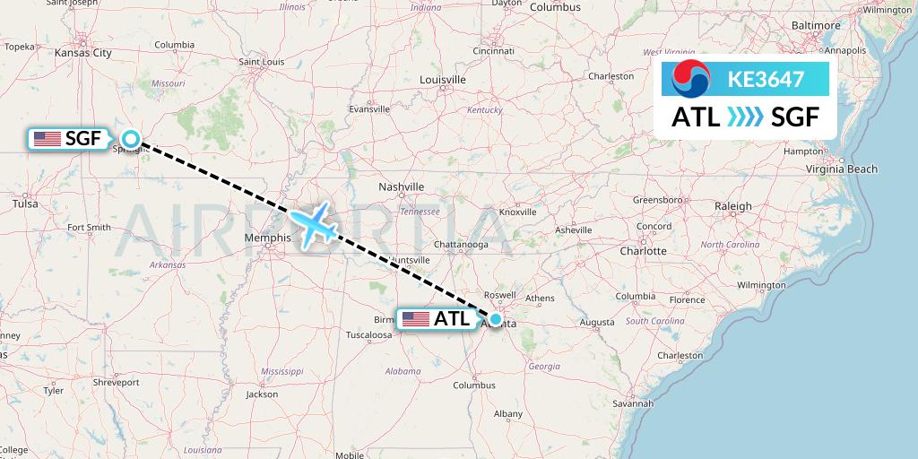 KE3647 Korean Air Flight Map: Atlanta to Springfield