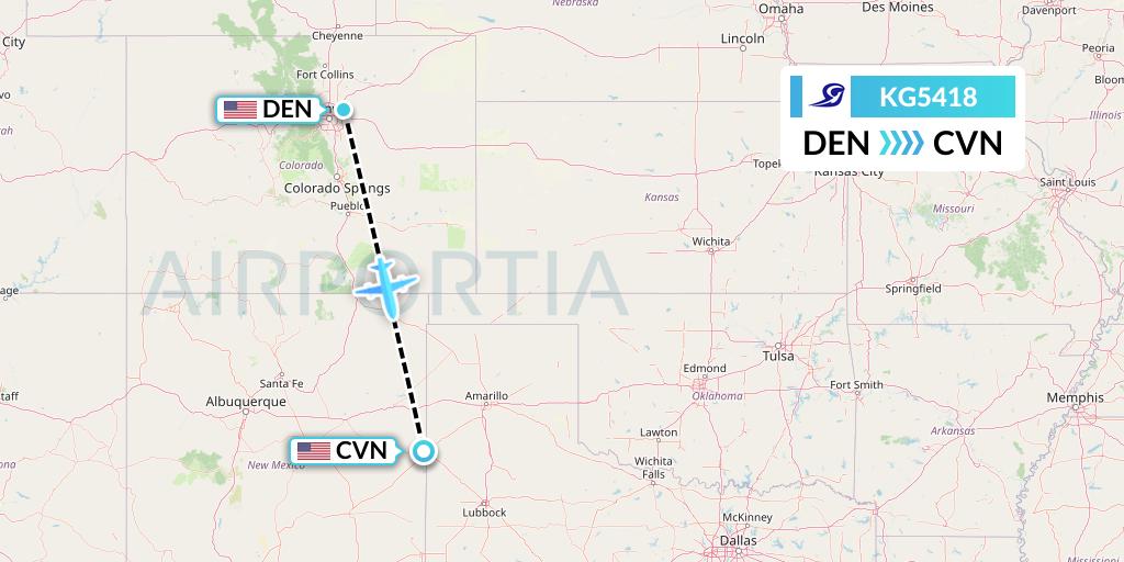 KG5418 Key Lime Air Flight Map: Denver to Clovis
