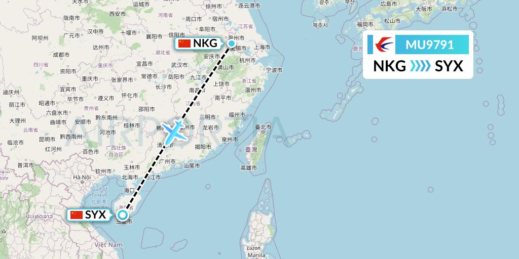 MU9791 China Eastern Airlines Flight Map: Nanjing to Sanya
