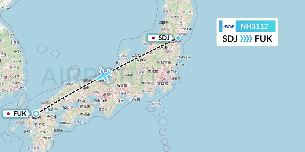 NH3112 All Nippon Airways Flight Map: Sendai to Fukuoka