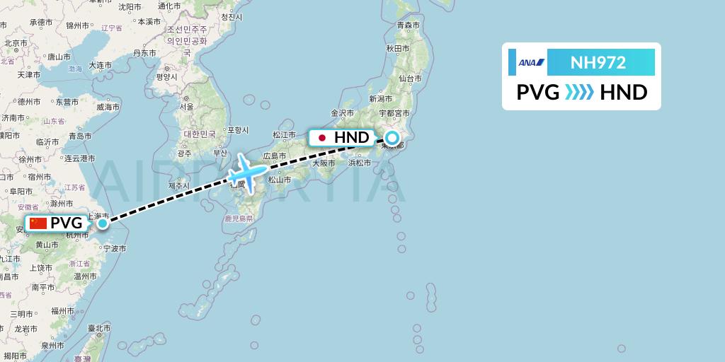 NH972 All Nippon Airways Flight Map: Shanghai to Tokyo