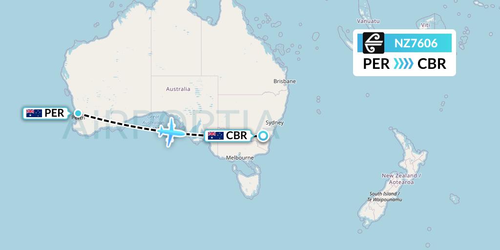 NZ7606 Air New Zealand Flight Map: Perth to Canberra