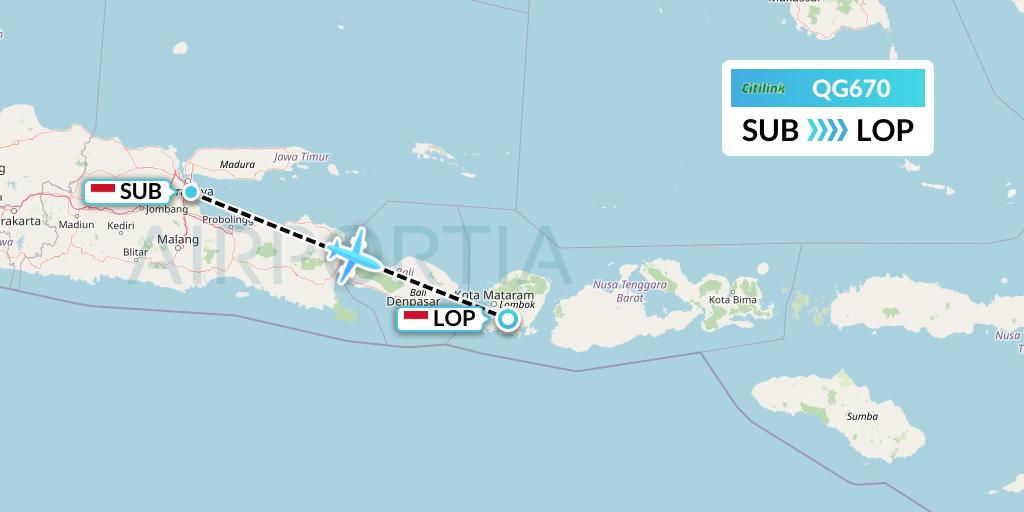 QG670 Citilink Flight Map: Surabaya to Lombok