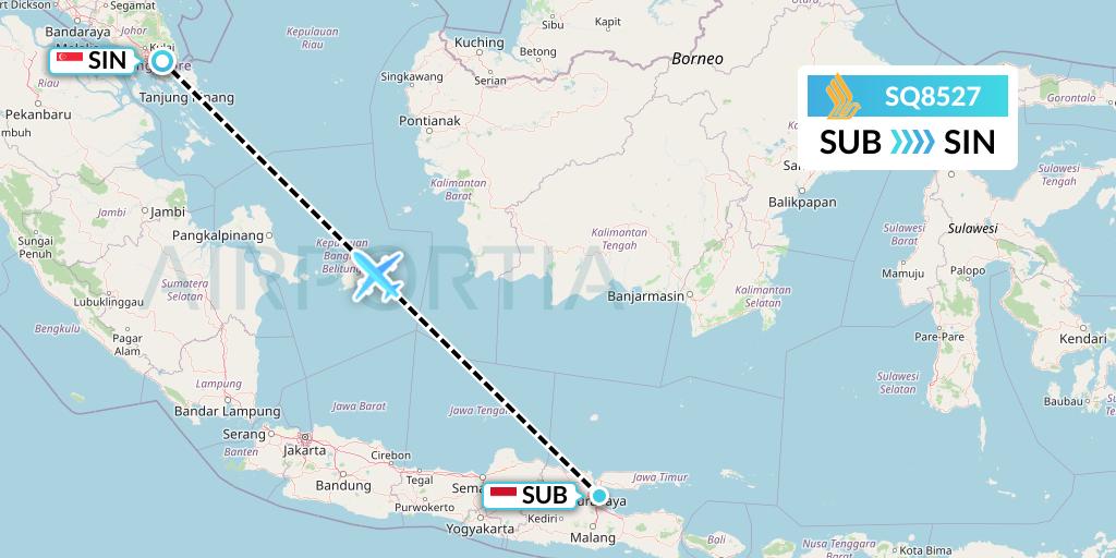 SQ8527 Singapore Airlines Flight Map: Surabaya to Singapore