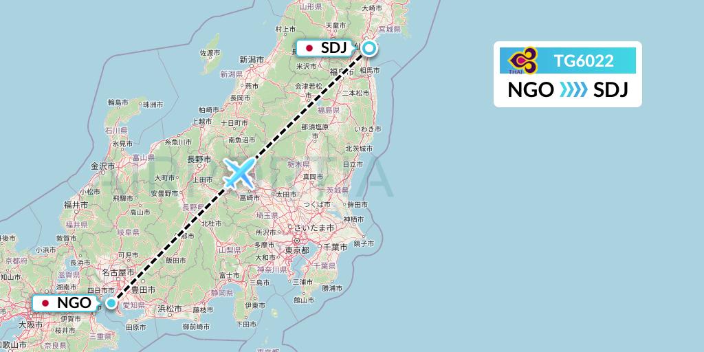 TG6022 Thai Airways Flight Map: Nagoya to Sendai