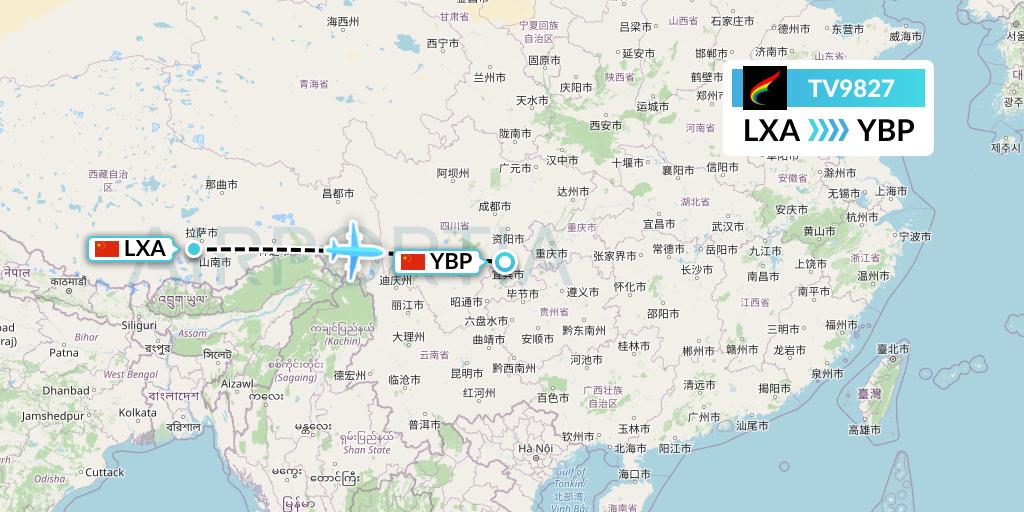 TV9827 Tibet Airlines Flight Map: Lhasa to Yibin