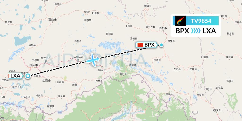 TV9854 Tibet Airlines Flight Map: Bangda to Lhasa