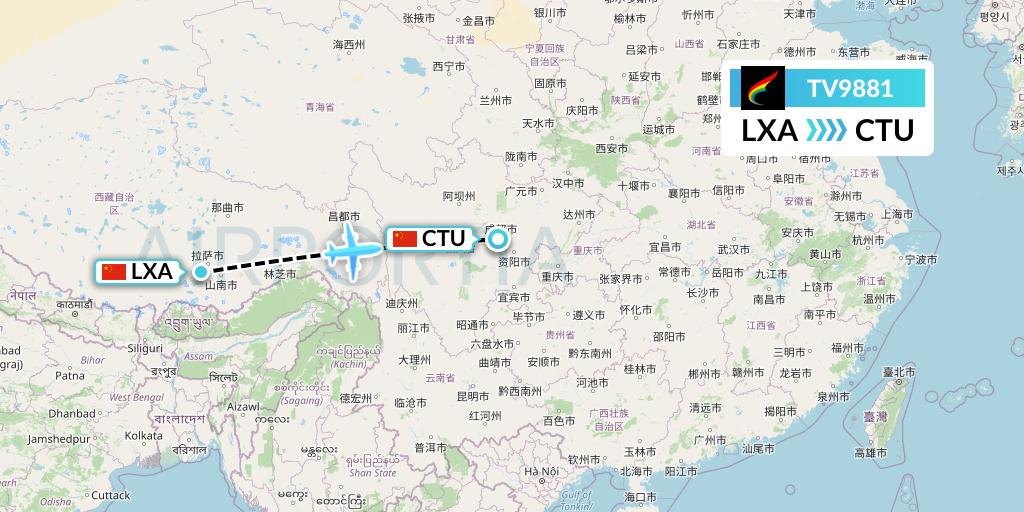 TV9881 Tibet Airlines Flight Map: Lhasa to Chengdu