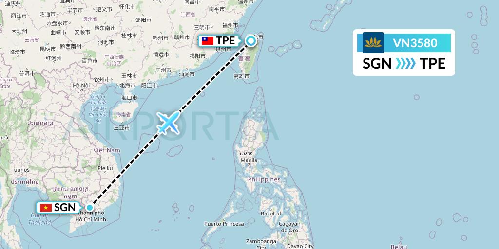 VN3580 Vietnam Airlines Flight Map: Ho Chi Minh City to Taipei
