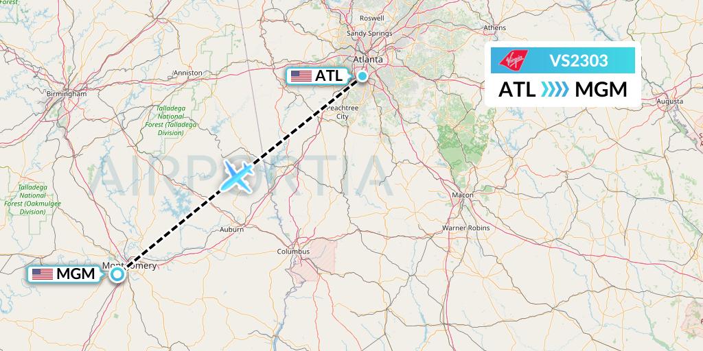 VS2303 Virgin Atlantic Airways Flight Map: Atlanta to Montgomery