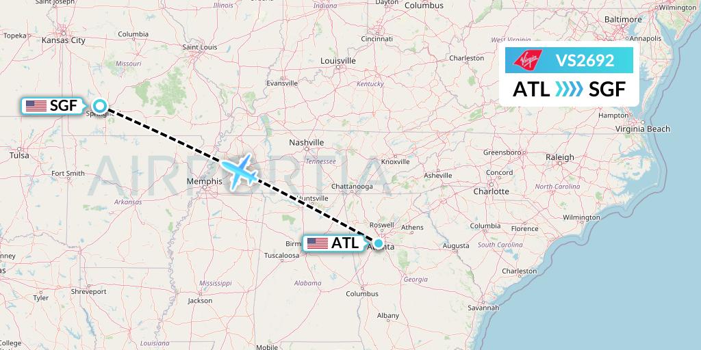 VS2692 Virgin Atlantic Airways Flight Map: Atlanta to Springfield