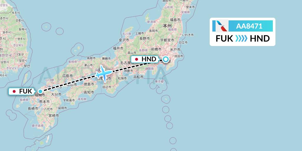AA8471 American Airlines Flight Map: Fukuoka to Tokyo