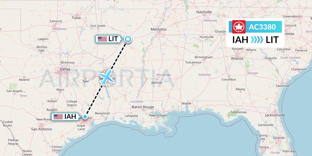 AC3380 Air Canada Flight Map: Houston to Little Rock