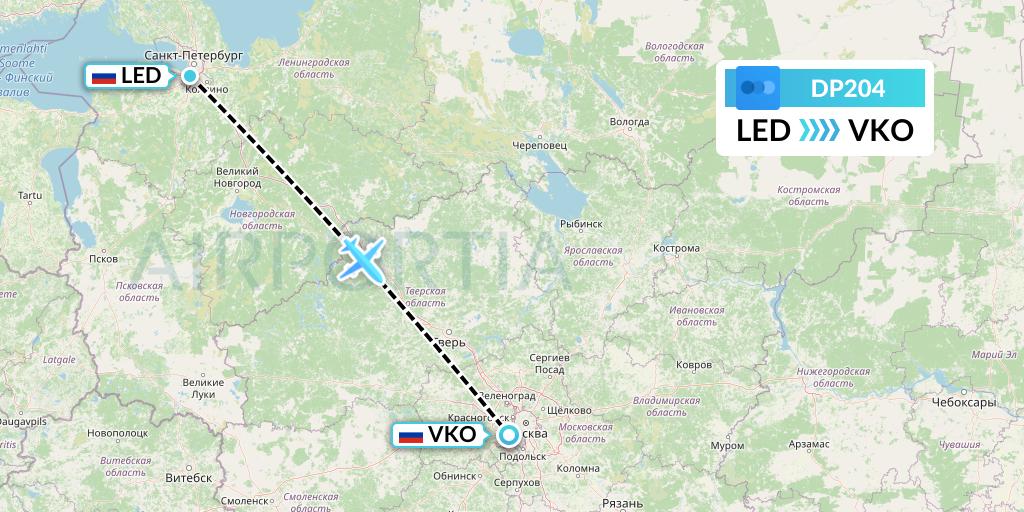DP204 Pobeda Flight Map: St. Petersburg to Moscow