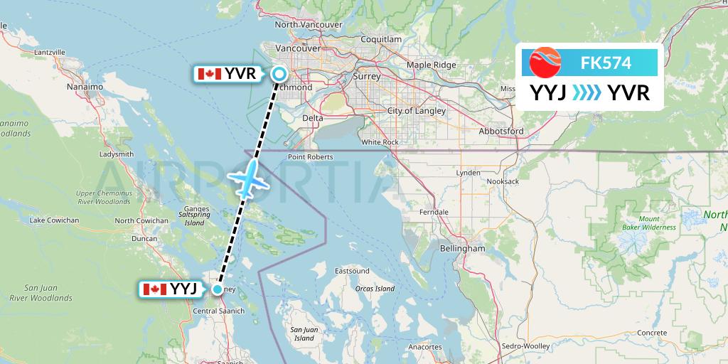 FK574 Kelowna Flightcraft Air Flight Map: Victoria to Vancouver