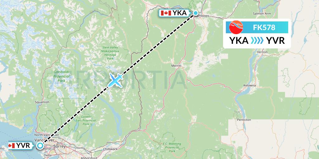 FK578 Kelowna Flightcraft Air Flight Map: Kamloops to Vancouver