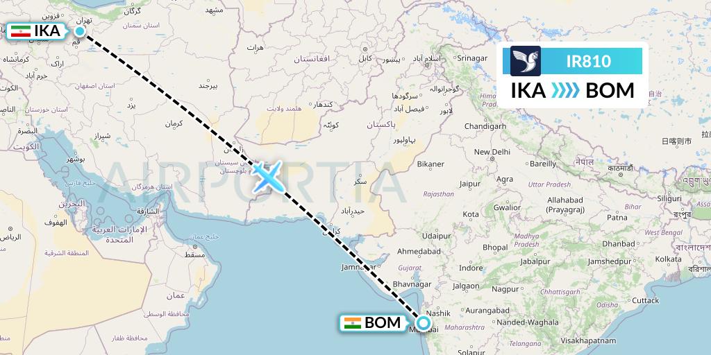 IR810 Iran Air Flight Map: Tehran to Mumbai