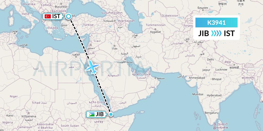 K3941 Taquan Air Flight Map: Djibouti to Istanbul