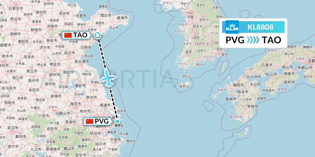 KL8808 KLM Flight Map: Shanghai to Qingdao