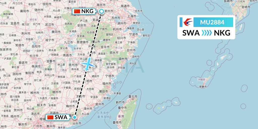 MU2884 China Eastern Airlines Flight Map: Jieyang to Nanjing