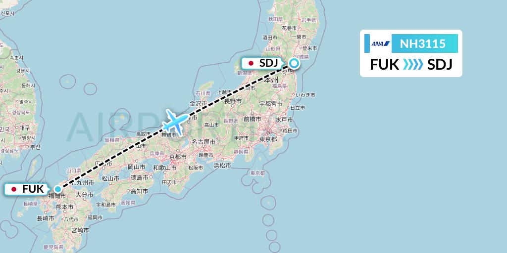 NH3115 All Nippon Airways Flight Map: Fukuoka to Sendai