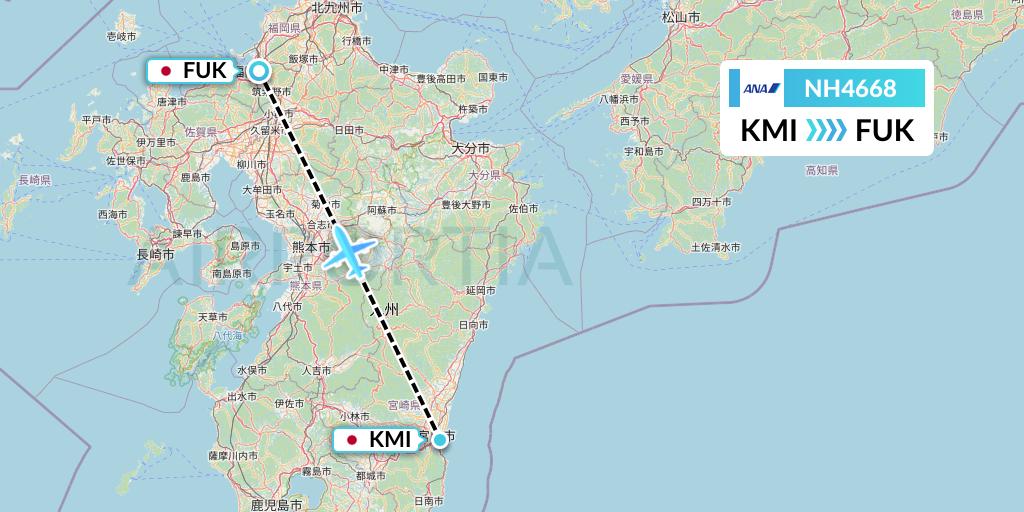 NH4668 All Nippon Airways Flight Map: Miyazaki to Fukuoka