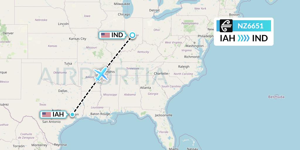 NZ6651 Air New Zealand Flight Map: Houston to Indianapolis