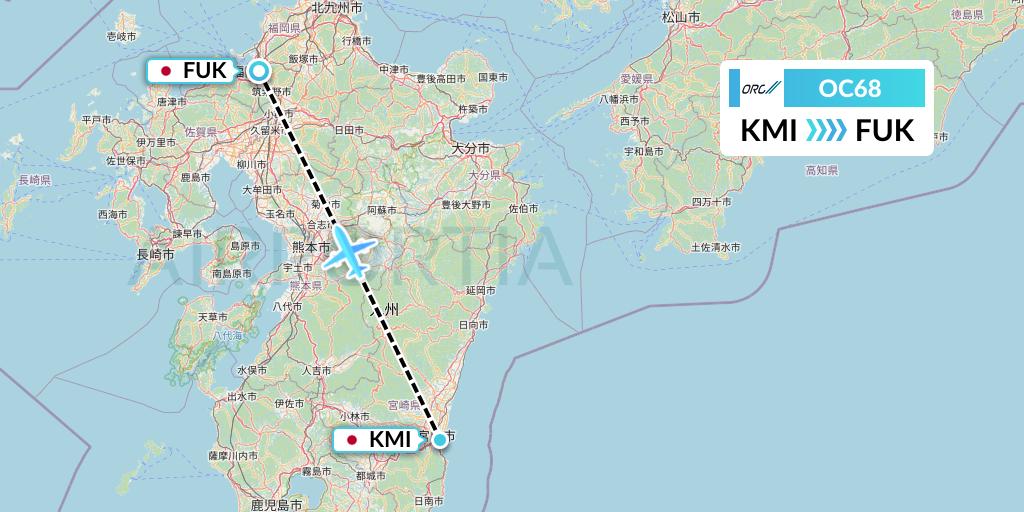 OC68 Oriental Air Bridge Flight Map: Miyazaki to Fukuoka
