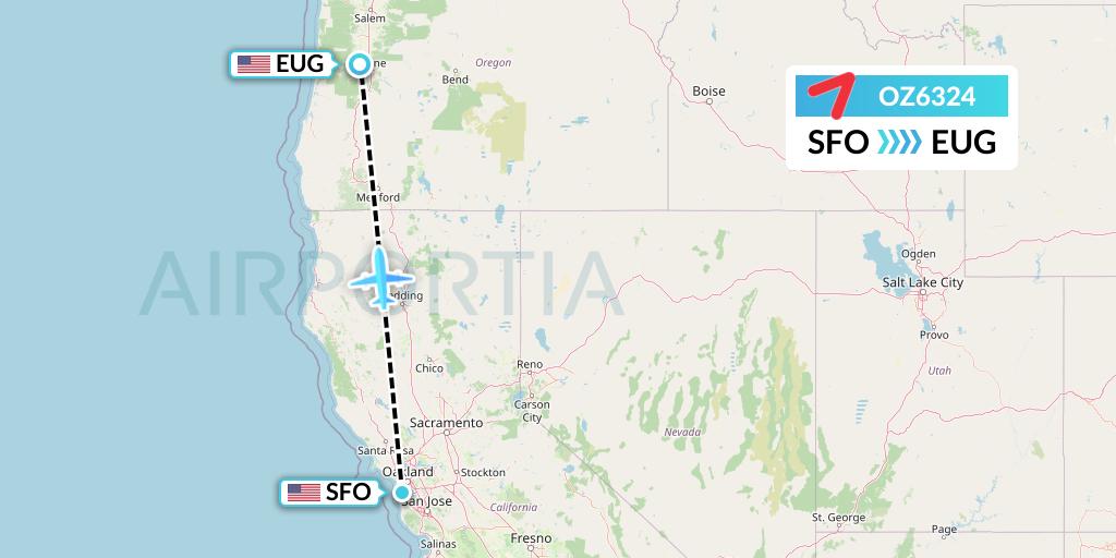 OZ6324 Asiana Airlines Flight Map: San Francisco to Eugene