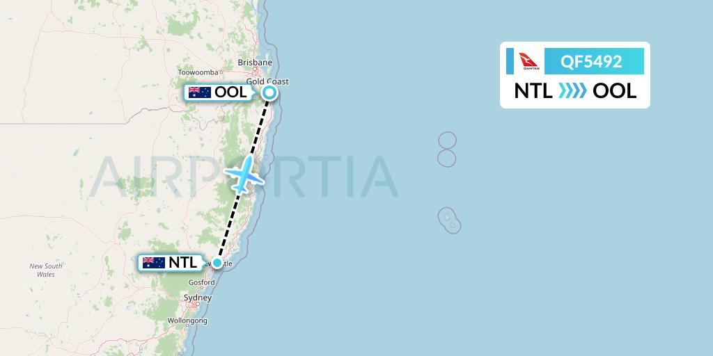 QF5492 Qantas Flight Map: Newcastle to Gold Coast
