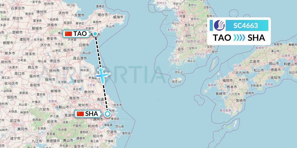 SC4663 Shandong Airlines Flight Map: Qingdao to Shanghai