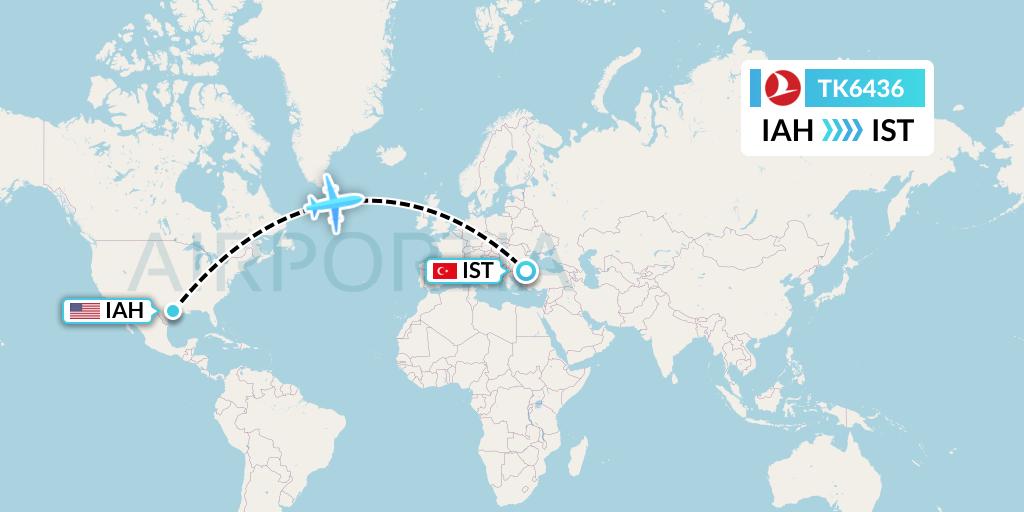 TK6436 Turkish Airlines Flight Map: Houston to Istanbul