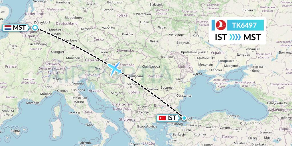 TK6497 Turkish Airlines Flight Map: Istanbul to Maastricht