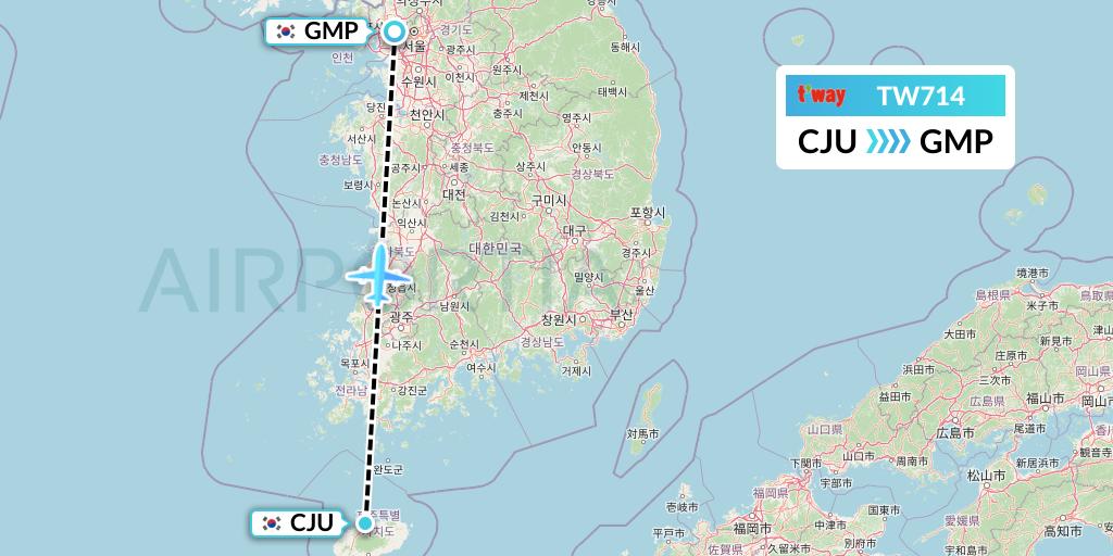 TW714 T'way Air Flight Map: Jeju to Seoul