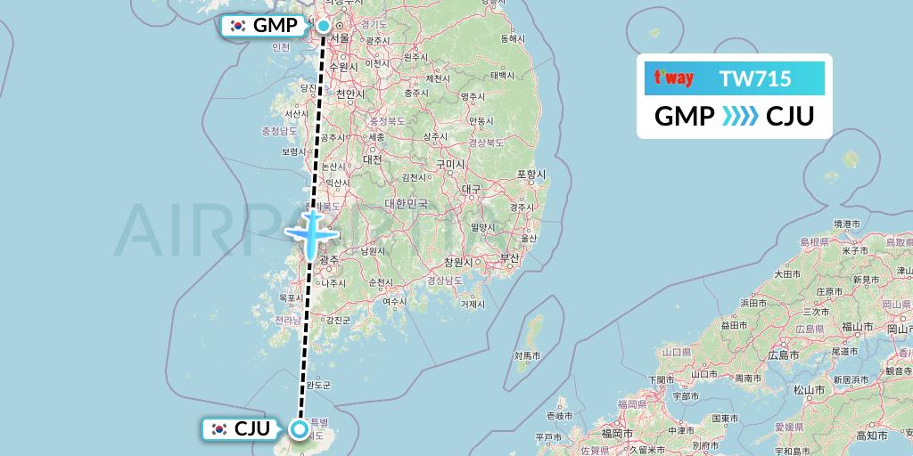 TW715 T'way Air Flight Map: Seoul to Jeju